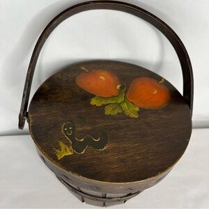 Vintage Round Wood Barrel Style Purse- Apple & Worm Decoupage